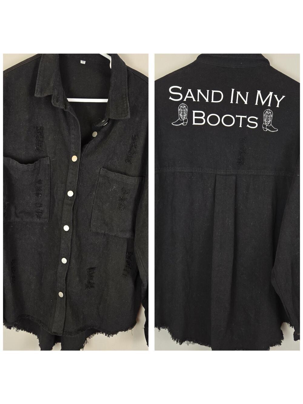 Thrashed Black Denim Long Sleeve Button SAND IN MY BOOTS Cowgirl Western LARGE
